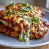 Perfectly baked Pesto Chicken Parmesan served with spaghetti and a crisp green salad for a hearty weeknight dinner.  