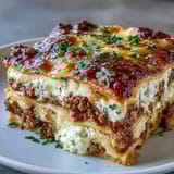 Fresh basil garnish crowns a hearty slice of Worlds Best Lasagna, served hot from the oven on a rustic table.