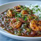 Hearty Classic New Orleans Étouffée in a Dutch oven, featuring tender shrimp in a rich, spicy sauce over fluffy rice.