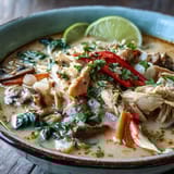 A vibrant Thai Coconut Curry Soup Bowl garnished with fresh cilantro, lime wedges, and a drizzle of coconut milk.