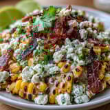Colorful Mexican Street Corn Salad featuring smoky charred corn, tangy lime dressing, and fresh herbs in a creamy Cotija cheese blend.