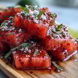 Refreshing watermelon wedges sprinkled with Tajin chili-lime seasoning and fresh lime juice, perfect for warm-weather gatherings.  
