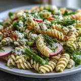 Bright spring pasta salad featuring radishes, asparagus, and lemon vinaigrette, garnished with fresh herbs and optional crumbled cheese for a light, zesty meal.
