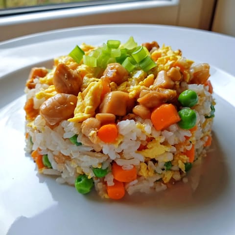 Steaming plate of homemade chicken fried rice, featuring savory soy sauce and fresh spring onions.