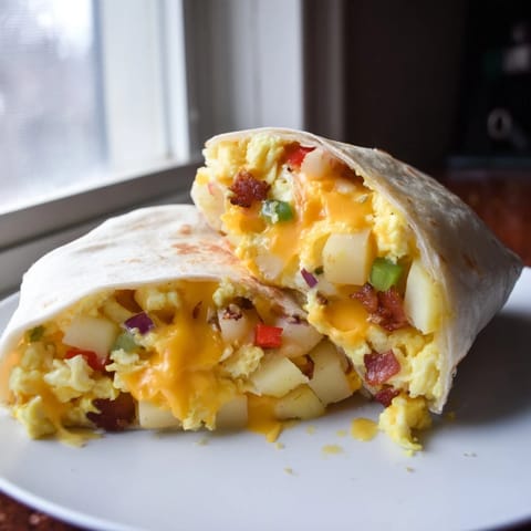 Golden, cheesy Breakfast Burrito, perfectly wrapped and ready for a satisfying morning meal.