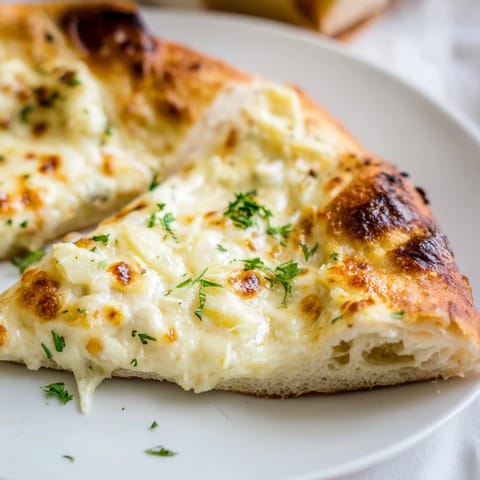 Sliced creamy garlic white pizza reveals rich sauce and melted cheese, served on a rustic wooden board.  