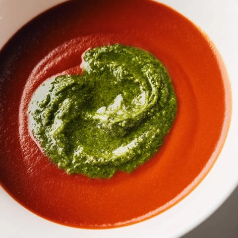 Close-up of vibrant green swirl on creamy Tomato Soup with Basil Pesto Swirl, paired with crusty artisan bread.  