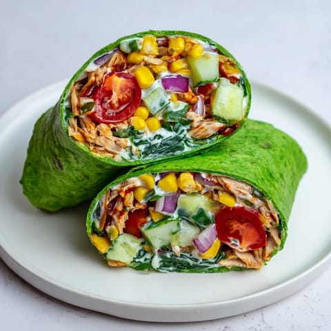 Freshly rolled BBQ Chicken Salad Wrap on a rustic wooden cutting board, garnished with halved cherry tomatoes and a lime wedge, ready for a quick lunch or light dinner.