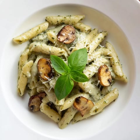 A skillet of sautéed mushrooms simmered in basil pesto and cream, tossed with al dente penne.