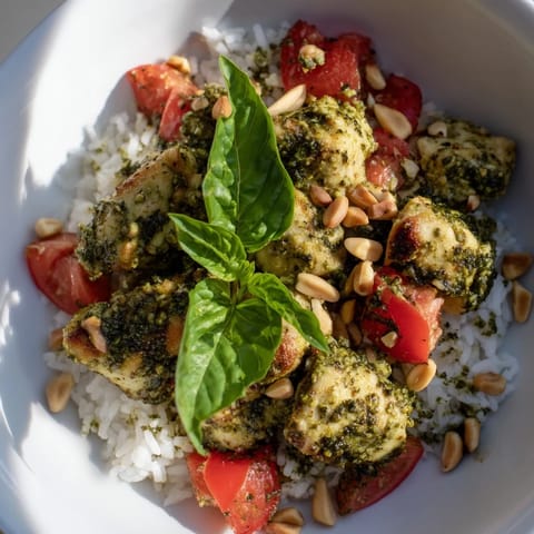 Golden pesto chicken, diced tomatoes, and fluffy rice create a vibrant and satisfying meal.