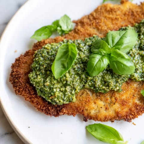 Sizzling Crispy Pesto Chicken Cutlets being served alongside a green salad and a glass of white wine.