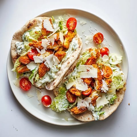 Fresh romaine lettuce and shaved Parmesan spill from a toasted pita stuffed with juicy chicken.