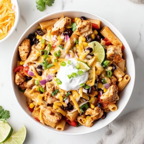 One-pan Crispy Chicken Burrito Pasta features melted cheddar, Monterey Jack, and colorful bell peppers for flavor.