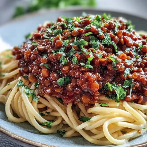 A bowl of homemade Lentil Bolognese sauce ladled over spaghetti, garnished with fresh basil and grated Parmesan.  