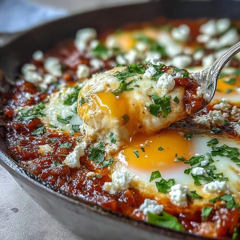 A skillet of homemade shakshuka with poached eggs in a rich, spiced tomato and pepper sauce, garnished with fresh cilantro and crumbled feta.