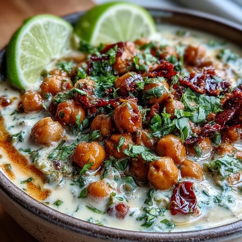 Close-up of Chickpea Curry simmering in a skillet, showing fragrant spices and diced tomatoes melded into the rich, plant-based sauce.