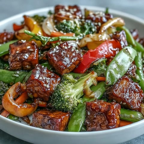 A close-up of the vegetable tempeh stir-fry with crisp snap peas and tender broccoli florets.