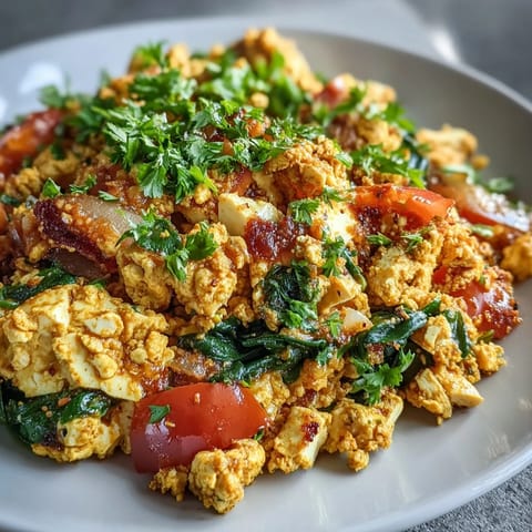 Tofu Scramble served on a rustic plate beside whole-grain toast and sliced avocado, perfect for a hearty vegan breakfast.