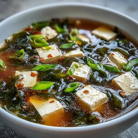 Silken tofu cubes and tender wakame seaweed float gently in steaming, savory miso broth in this classic Japanese soup.