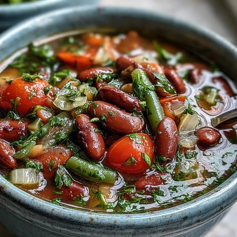 A hearty Three-Bean Salad Soup in a rustic white bowl, showcasing tender beans and vibrant vegetables in a savory, tangy broth perfect for autumn evenings.
