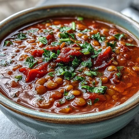 A vibrant bowl of homemade Tomato Lentil Soup garnished with fresh parsley and a lemon wedge.