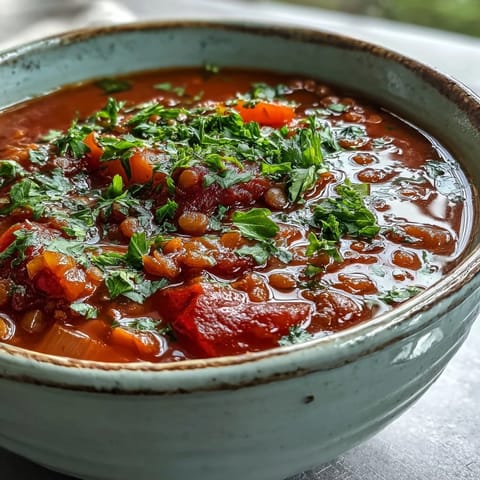 Steaming ladle of Tomato Lentil Soup ready to serve alongside crusty bread for a cozy meal.
