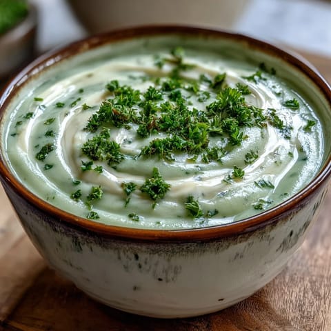 Ceramic bowl of creamy celery and herb soup with a crusty bread slice for dipping.  