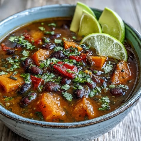 Steaming bowl of Sweet Potato and Black Bean Soup, garnished with fresh cilantro, lime wedges, and creamy avocado slices.  