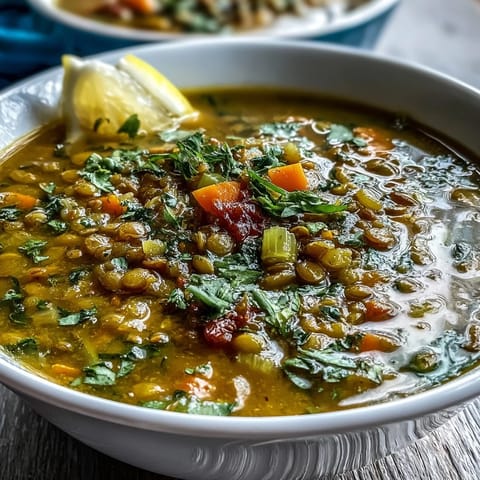 Freshly prepared Mung Bean Soup served in a rustic bowl, garnished with bright green cilantro and lemon.