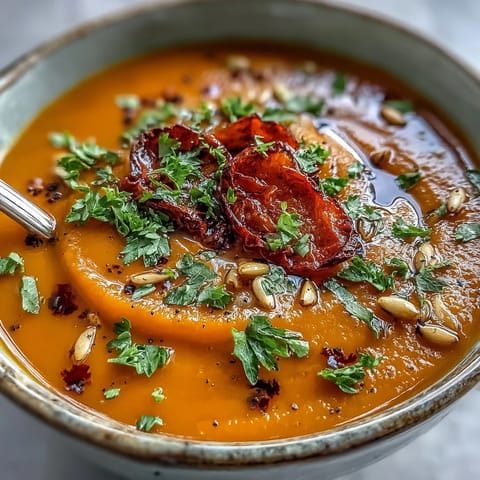 Velvety roasted vegetable soup served warm in a rustic bowl, topped with fresh parsley and a drizzle of olive oil.
