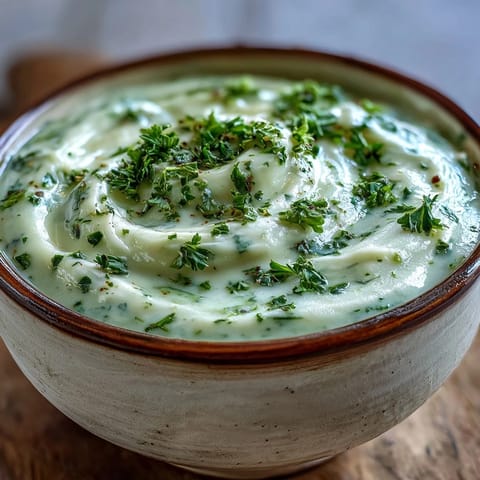 Steaming bowl of creamy celery and herb soup garnished with fresh parsley and chives.  