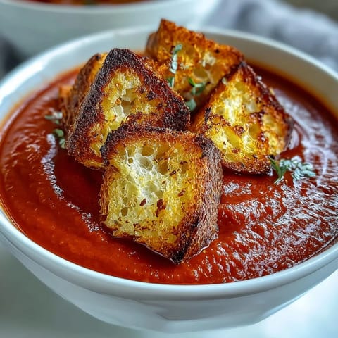 Roasted Red Pepper Soup With Crispy Croutons is ladled into a rustic white bowl, bright red and steamy, with golden croutons on top.