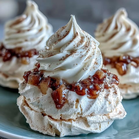 Golden-brown Mini Hot Toddy Pavlovas topped with whipped cream and spiced poached pears, served on a rustic plate.