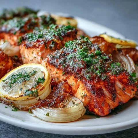 Tender salmon fillets nestled with caramelized leeks and onions, drizzled with a vibrant green parsley dressing, making a gluten-free dinner.