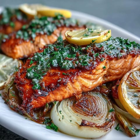Roasted One-Pan Roast Salmon With Leeks, Onions, and Parsley Dressing sits atop tender vegetables, garnished with bright lemon slices and herbs.