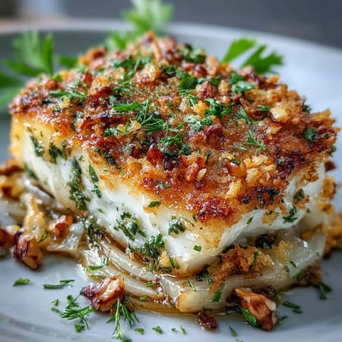 Golden-baked halibut with fennel and a crunchy walnut pangrattato topping on a serving platter.
