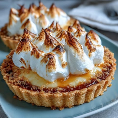 Freshly baked Lemon Meringue Pie with golden brown peaks and a vibrant yellow citrus filling sits on a rustic wooden table.