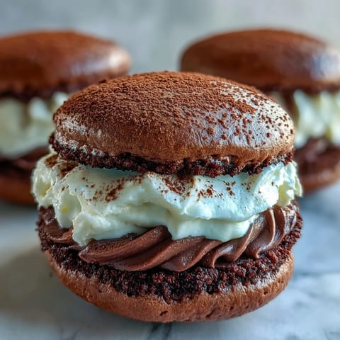 Freshly baked Tiramisu Whoopie Pies with soft cocoa cookie shells and rich coffee mascarpone filling on a rustic board.