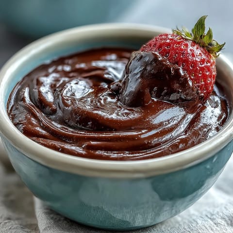 Glossy boozy chocolate fondue bubbling in a ceramic pot with skewered strawberries and pretzels ready to dip.