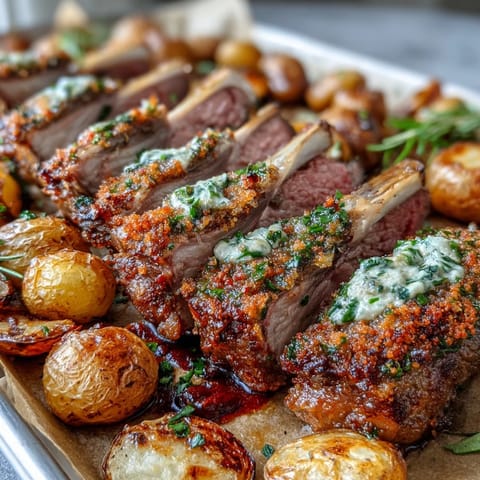 Golden-brown One-Pan Roast Rack of Lamb rests beside herb-roasted potatoes studded with bright green olives.