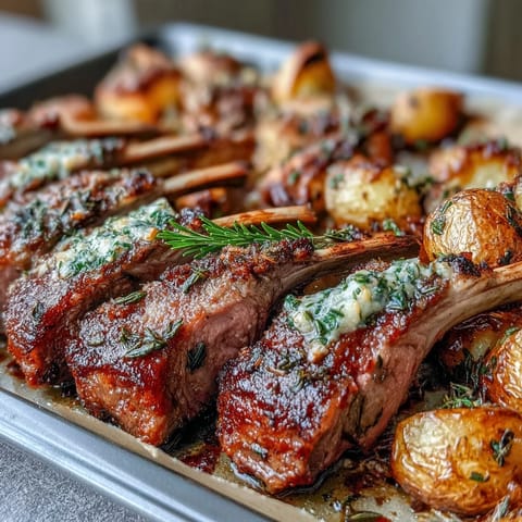 Tender lamb chops with a rosemary-garlic crust sit alongside crispy baby potatoes and a zesty lemon-parsley olive topping.