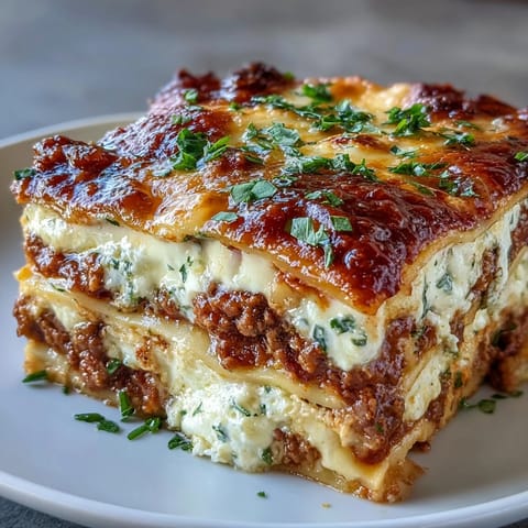 Fresh basil garnish crowns a hearty slice of Worlds Best Lasagna, served hot from the oven on a rustic table.