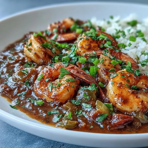 Hearty Classic New Orleans Étouffée in a Dutch oven, featuring tender shrimp in a rich, spicy sauce over fluffy rice.