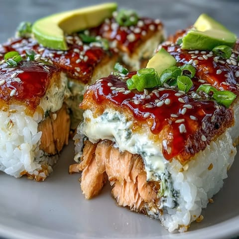 A close-up of Spicy Salmon Sushi Bake in a baking dish, showcasing layers of seasoned rice, flaked salmon, melted mozzarella, and vibrant avocado slices.