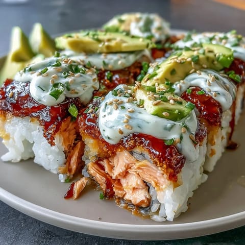Golden, bubbly Spicy Salmon Sushi Bake topped with sesame seeds and avocado, served warm with roasted seaweed snacks for a deconstructed sushi experience.