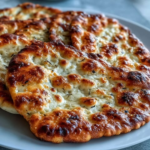 A warm, fluffy Easy Garlic Naan Bread brushed with melted butter and fragrant minced garlic, perfect for tearing and dipping into curry.