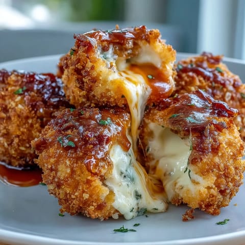 These golden Buffalo Chicken Bacon Mozzarella Bombs feature crispy panko crusts, revealing spicy chicken and gooey melted mozzarella inside.