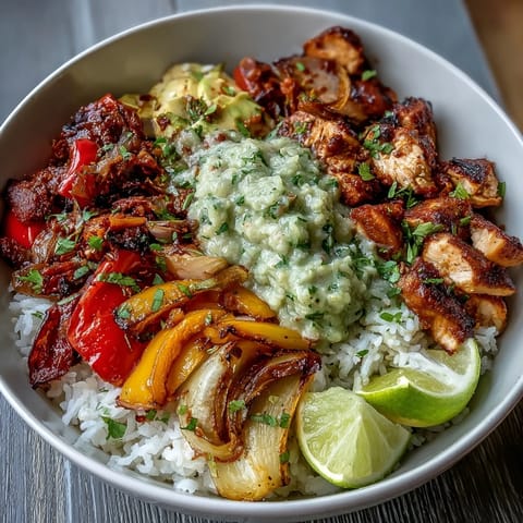 Roasted chipotle chicken and colorful bell peppers on fluffy rice, topped with chunky avocado salsa in this Sheet Pan Chicken Tinga Bowl.