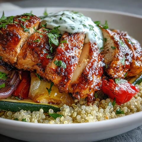 Golden-brown paprika herb chicken slices rest atop fluffy quinoa and roasted vegetables, garnished with fresh parsley and lemon wedges.