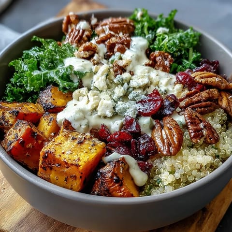 A vibrant Harvest Kale Quinoa Bowl with crisp massaged kale, crunchy pecans, and sweet dried cranberries.